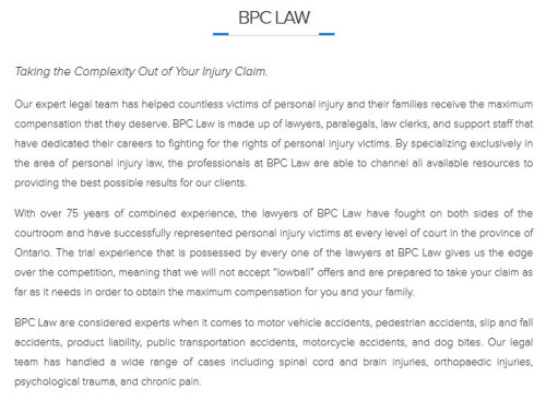 BPC Personal Injury Lawyer
7A-1065 Davis Dr
Newmarket, ON L3Y 2R9 Canada
(800) 753-2769

http://www.bpclaw.ca/Newmarket.html