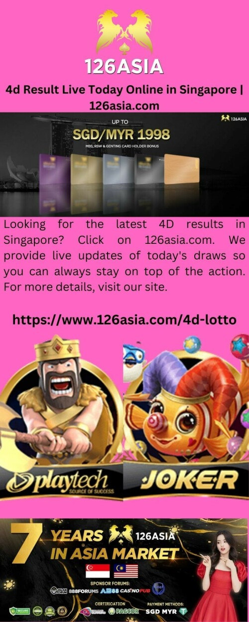 Looking for the latest 4D results in Singapore? Click on 126asia.com. We provide live updates of today's draws so you can always stay on top of the action. For more details, visit our site.

https://www.126asia.com/4d-lotto