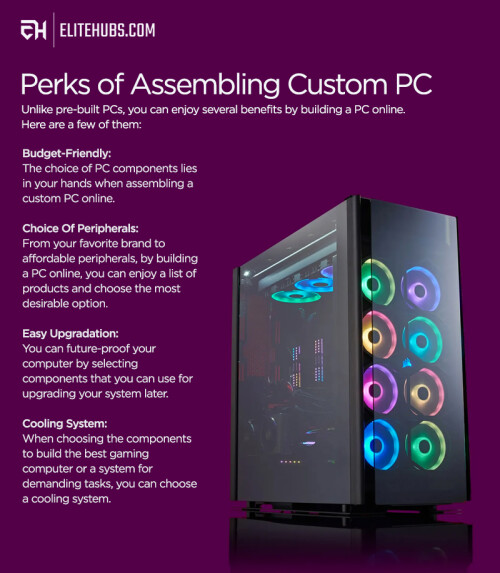 Unlike pre-built PCs, you can enjoy several benefits by building a PC online. Here are a few of them:

1) Budget-Friendly: The choice of PC components lies in your hands when assembling a custom PC online.

2) Choice Of Peripherals: From your favorite brand to affordable peripherals, by building a PC online, you can enjoy a list of products and choose the most desirable option.

3) Easy Upgradation: You can future-proof your computer by selecting components that you can use for upgrading your system later.

Visit: https://elitehubs.com/pages/prebuilt-gaming-pc