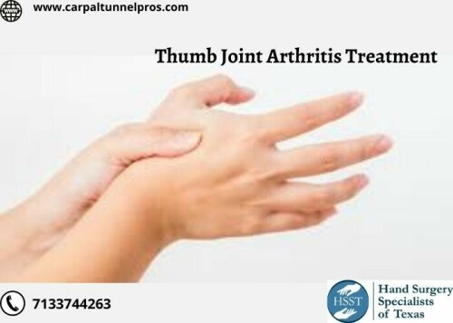 Thumb arthritis is common with aging and occurs when cartilage wears away from the ends of the bones that form the joint at the base of your thumb. If you are facing problems with arthritis in the thumb joint, then reach out to us today! Our doctors are specialized in these treatments. Call us to book an appointment at +1 713-268-9396
https://carpaltunnelpros.com/conditions/osteoarthritis-of-the-thumb-joint