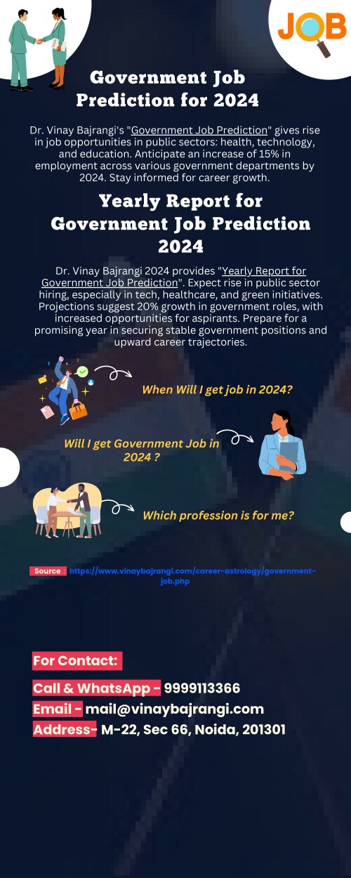 Dr. Vinay Bajrangi 2024 provides "Yearly Report for Government Job Prediction". Expect a rise in public sector hiring, especially in tech, healthcare, and green initiatives. Projections suggest 20% growth in government roles, with increased opportunities for aspirants. Prepare for a promising year in securing stable government positions and upward career trajectories.

https://www.vinaybajrangi.com/services/online-report/govt-job-in-2024.php