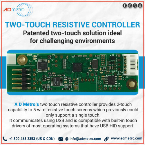 A D Metro’s patented 2-touch resistive controller with 5-wire resistive sensors (standard or ULTRA) delivers a unique two-touch solution enabling pinch, zoom, and rotate functions in applications used in challenging environments. Visit here: https://admetro.com/