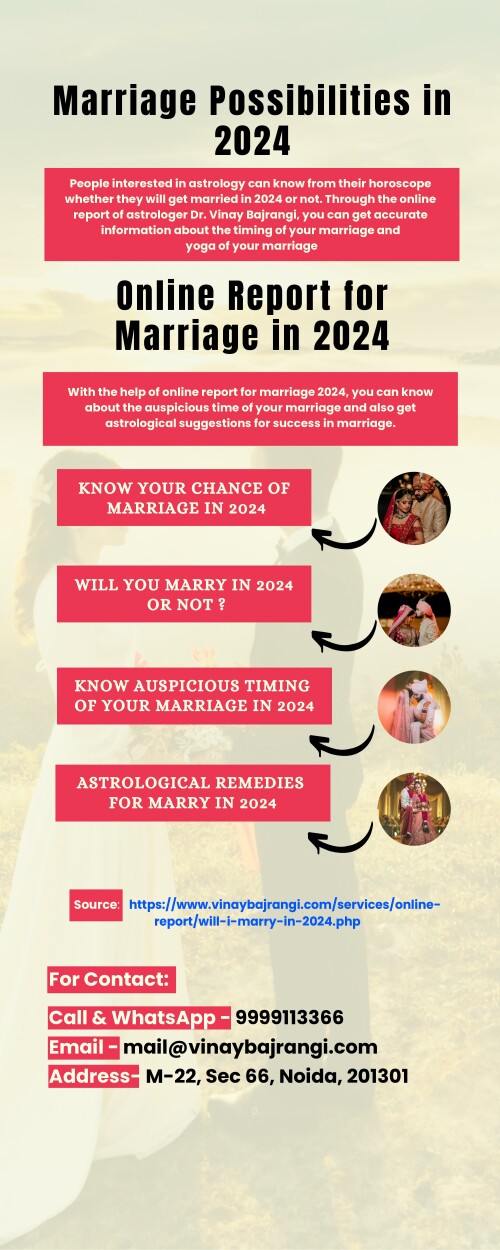 People interested in astrology can know from their horoscope whether they will get married in 2024 or not. Through the online report of astrologer Dr. Vinay Bajrangi, you can get accurate information about the timing of your marriage and yoga of your marriage

Visit here: https://www.vinaybajrangi.com/services/online-report/will-i-marry-in-2024.php