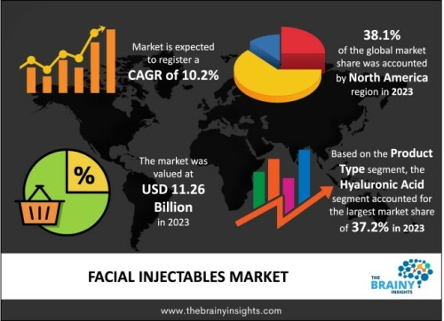 The global facial injectables market was valued at USD 11.26 billion in 2023 and grew at a CAGR of 10.2% from 2024 to 2033. The market is expected to reach USD 29.75 billion by 2033. The increasing demand for cosmetic procedures will drive the growth of the global facial injectables market. An increasing emphasis on physical appearance among consumers has resulted in a heightened demand for facial injectables in recent years.