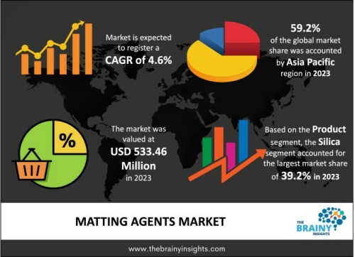 The global matting agents market was valued at USD 533.46 million in 2023, growing at a CAGR of 4.6% from 2024 to 2033. The market is expected to reach USD 799.63 million by 2033. The main drivers driving the market's growth are the rising demand for matting agents in producing architectural coatings and superior properties to glossy finishes.