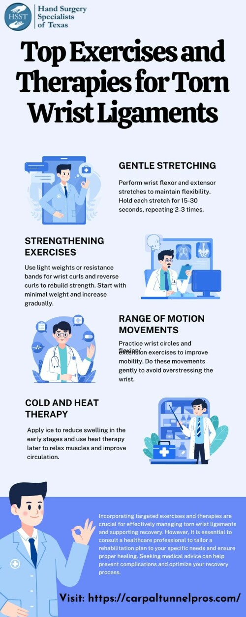 Explore the guide top exercises and therapies for torn wrist ligaments tailored for patients of Hand Surgery Specialists of Texas. Our expert team recommends initial rest and ice, followed by a range of motion exercises to enhance flexibility. Strengthening workouts using resistance bands can help rebuild muscle support, while personalized physical therapy ensures optimal recovery. Additionally, ultrasound therapy can alleviate pain and inflammation. Trust our specialists for a comprehensive approach to wrist rehabilitation and regain your strength safely. Visit our website : https://carpaltunnelpros.com