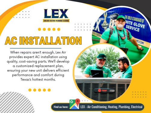 When the heat of summer hits, having a reliable air conditioning system becomes essential. You might be considering an AC installation to keep your home cool and comfortable. But with so many options available, it can feel overwhelming to choose the right system and ensure it's installed properly.

LEX – Air Conditioning, Heating, Plumbing, Electrical

Address: 901 Jupiter Rd, Plano, TX 75074, United States
Phone Number: +19724661917
Email: info@lexairconditioning.com
Hours of Operation: 24/7
Find us on Google Map: http://g.page/LexAirConditioning

Read Our Blogs:
https://v.gd/vmKsv8
https://tinyurl.com/2boh9pxh
https://is.gd/MQYWmo

More Links:
https://is.gd/cGCcbI
https://tinyurl.com/26yh5qrl
https://v.gd/9xtzTQ