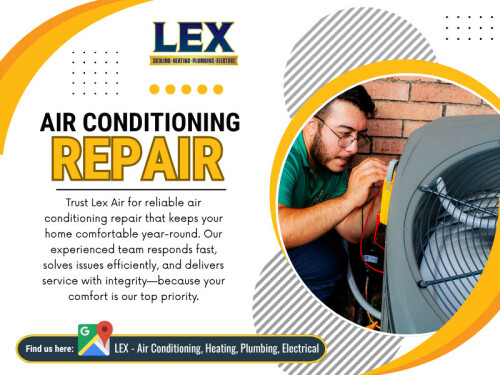 Air conditioning repair encompasses diagnosing and resolving issues affecting your unit’s performance. Understanding common problems and the importance of regular maintenance helps maintain optimal efficiency and prolongs your system's lifespan.

LEX – Air Conditioning, Heating, Plumbing, Electrical

Address: 901 Jupiter Rd, Plano, TX 75074, United States
Phone Number: +19724661917
Email: info@lexairconditioning.com
Hours of Operation: 24/7
Find us on Google Map: http://g.page/LexAirConditioning

Read Our Blogs:
https://v.gd/vmKsv8
https://tinyurl.com/2boh9pxh
https://is.gd/MQYWmo

More Links:
https://v.gd/azbalX
https://is.gd/VbWaGe
https://tinyurl.com/2xsoc4jg