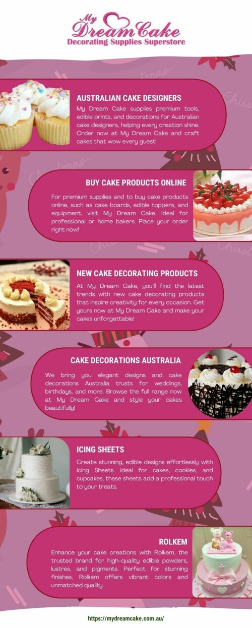 My Dream Cake supplies premium tools, edible prints, and decorations for Australian cake designers, helping every creation shine. Order now at My Dream Cake and craft cakes that wow every guest!
Visit as:https://mydreamcake.com.au/