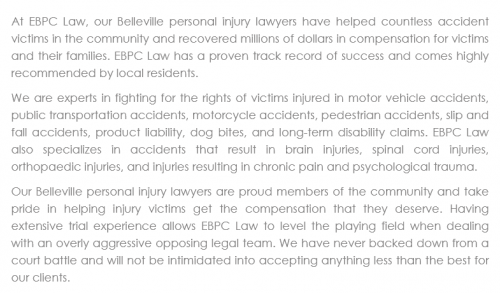 EBPC Personal Injury Lawyer
1 Bridge Street East Suite 406
Belleville, ON K8N 5N9
(800) 276-3152

https://ebpclaw.ca/belleville.html