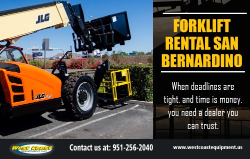 Looking at Forklift Rental San Bernardino For Your Next Project At http://westcoastequipment.us/reach-forklift-rentals/

Find Us: https://goo.gl/maps/49fVus8fWX42

Deals in .....

Boom Lift Rental Riverside
Scissor Lift Rental San Bernardino
Construction Equipment Rental Los Angeles CA
Scissor Lift rental Los Angeles
Boom lift Rental Inland Empire
Forklift Rental Orange County

A Forklift Rental San Bernardino is a very useful mechanical device which will make your work lighter and faster. Renting a lift can save you a lot of time and money. It can also make a job less dangerous. It is composed of a platform that is raised by folded supports linked in a criss-cross pattern called the pantograph. When the pantograph contracts, the platform raises and vice-versa. The you definitely need to rent a scissor lift. This machine is so designed to reach high places inaccessible to you by ladders. Some scissor lifts have wheels which can be controlled by you while you are up on the platform.

With over 100 years of combined experience in service, parts, sales and rentals, West Coast Equipment, 
LLC is the oldest and most experienced telehandler company in Southern California

Add: 	958 El Sobrante Road Corona, CA 92879
Ph:  	951.256.2040
Mail: 	Sales@WestCoastEquipment.us

Social---

https://plus.google.com/+JuliaMartinjm
https://forkliftsla.netboard.me/
http://www.pearltrees.com/forkliftsla
https://www.crunchyroll.com/user/Boomlift