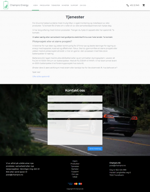 Vi har lang erfaring med Victron-produkter. Trenger du hjelp med oppsett eller har spørsmål. Kontakt. Vi tilbyr også montering og installasjon av våre produkter.

Vårt formål er å kunne bidra til mer grønn energi og følgelig tilbys komplementære produkter også, blant annet solceller, vindkraft og diverse utstyr en trenger for montering. Målet er å kunne tilby alt en trenger for å kunne bli off grid, men er vel så godt for de som fortsatt vil være tilkoblet strømnettet.Vi er alltid på utkikk etter samarbeidspartnere og frem til nå er vi leverandør av REC BMS og underleverandør av blant annet Victron produkter og Safire produkter.
For mer info:- https://chainpro.no/tjenester/
