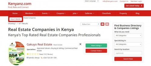 Search our Kenya Real Estate Companies database and connect with the best Real Estate Companies Professionals and other Local Business Directory & Companies List Professionals in Kenya.

Visit here:- https://www.kenyanz.com/kenya/real-estate-companies