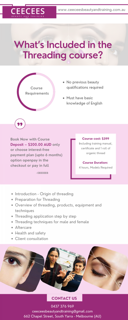 Ceecees Beauty and Training offers Eyebrow Threading Certification Course in Melbourne - Victoria. Learn more about what we have including in threading course.
