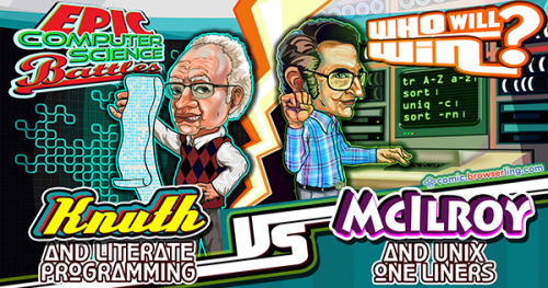 Epic Computer Science Battles: Donald Knuth and literate programming vs Douglas McIlroy and Linux one-liners. Who will win?!

For more browser comics visit comic.browserling.com. New jokes about browsers and web developers every week!