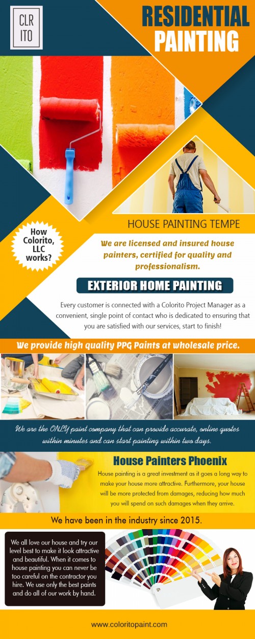Get a free estimate and competitive prices with painting companies in Arizona at https://coloritopaint.com

We deals in:
Phoenix painting
Phoenix house painting


Painting your home done by painting companies in Arizona painters, inside and outside will build the valuation of your property. Both within and external paint occupations can prompt impressive Returns on Investment. A recently painted home will be worth progressively and it might likewise pull in a higher number of purchasers. 

Address- 456 e Huber st Mesa , Arizona  85203
Call us: (480) 521-8380
mail us: Support@ColoritoPaint.com
Message us on facebook: https://m.facebook.com/msg/Coloritopaint/

Social:
https://www.youtube.com/channel/UCgZdMGQegjp1B6QOBbux4Mw
https://plus.google.com/communities/107859990916288161926
https://photos.app.goo.gl/guhGK1wNQMWEB5AB6
https://www.reddit.com/user/ExteriorHomePainting
https://followus.com/ExteriorHomePainting