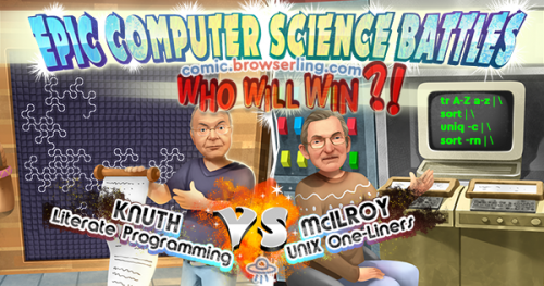 Epic Computer Science Battles: Douglas McIlroy, the master of shell one-liners vs Donald Knuth, the greatest literate programmer. Who will win?!

For more browser comics visit comic.browserling.com. New jokes about browsers and web developers every week!